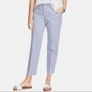 cropped checkered blue & white harper mid-rise trousers